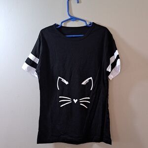 Black Cat Face T-Shirt with White Stripes